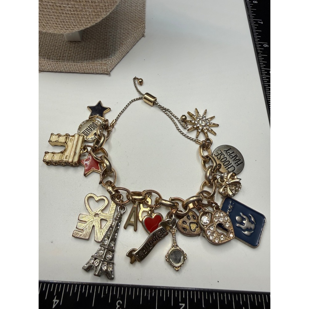 Gold Tone Travel Charm Bracelet‎ Eiffel Tower Passport Adjustable Bolo Slider